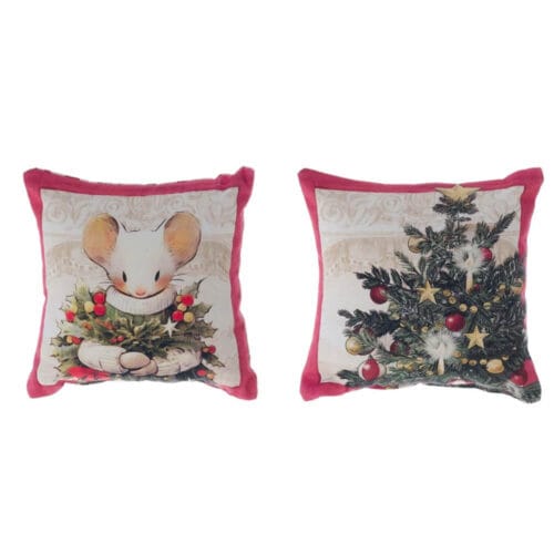 Coppia di cuscinetti quadrati profumati con fantasia natalizia: uno raffigura un topolino con ghirlanda, l'altro un albero di Natale decorato; retro con motivi di fiocchi rossi.