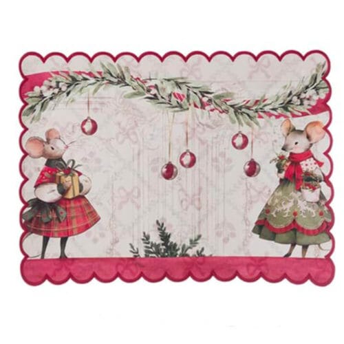 Tovaglietta americana in cotone con bordo smerlato rosso, stampa natalizia con due topolini e rami decorati con palline.