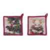 Coppia di presine natalizie Blanc Mariclò con stampa topolino, albero di Natale e retro con fiocchi rossi su sfondo beige.