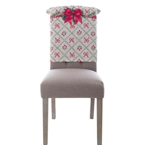 Vestisedie natalizio in cotone con fantasia di fiocchi rossi, bacche e fiocco centrale, collezione Favola di Natale.