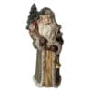 Statuetta in resina di Babbo Natale vintage con albero, sacco doni e cappotto verde dorato con bordi neve.