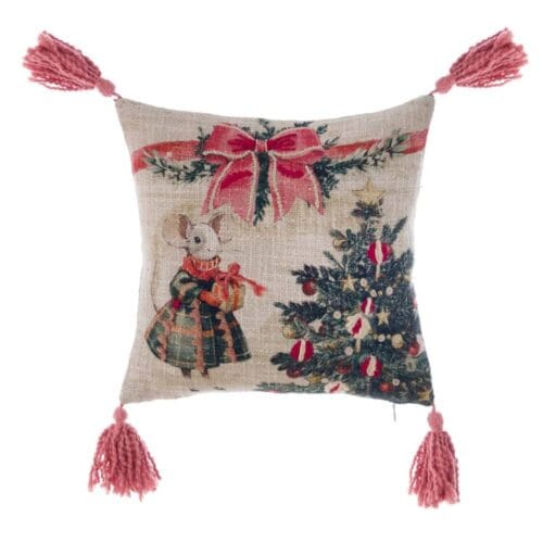 Cuscino natalizio quadrato Blanc Mariclo con stampa topolini, fiocco rosso ricamato e nappe rosa ai quattro angoli.