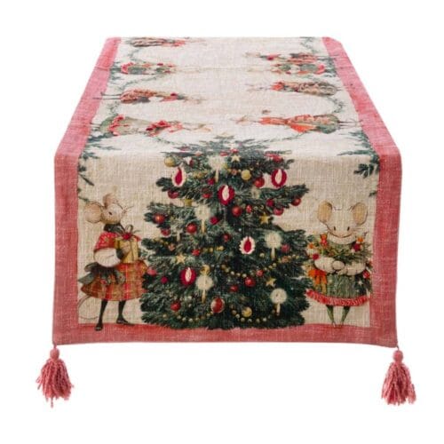 Runner natalizio Blanc Mariclò con stampa di topolini e albero di Natale, bordo rosso e nappine decorative.