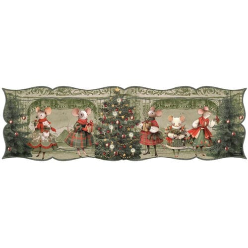 Tappeto in vinile sagomato con personaggi natalizi e albero addobbato, su sfondo verde decorato.