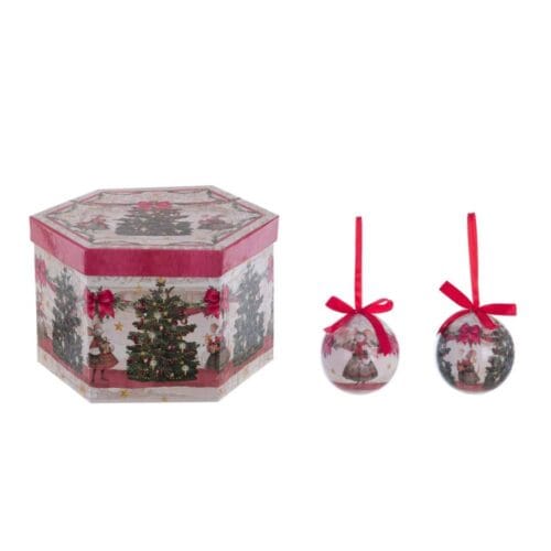 Set di 14 palline natalizie in due fantasie, con fiocco rosso, in elegante scatola esagonale decorata con topolini e albero di Natale.