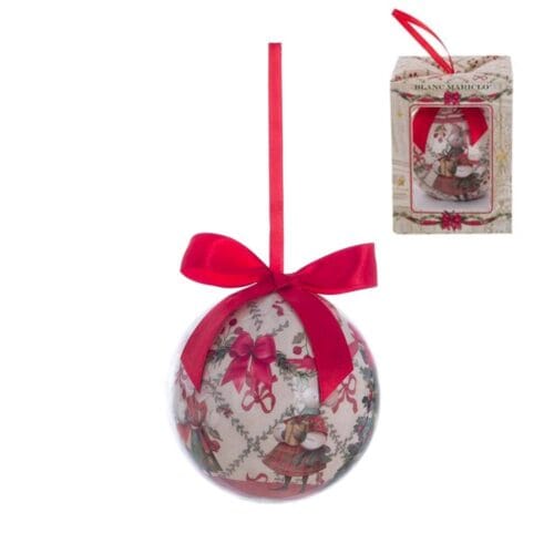 Sfera natalizia da 10 cm con stampa topolino, fiocco rosso in raso e confezione scatola decorativa con finestra.