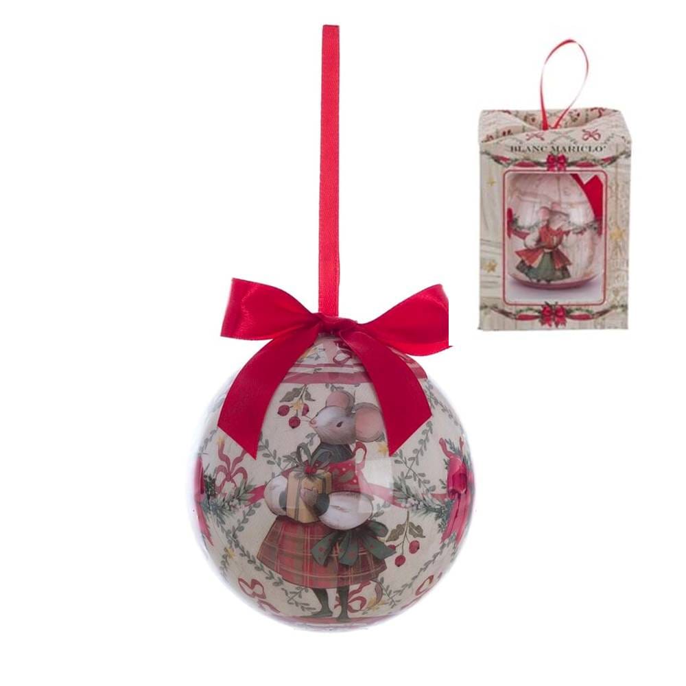Sfera natalizia decorativa con stampa topolino e fiocco rosso, presentata in scatola coordinata della collezione Favola di Natale.