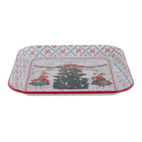 Vassoio quadrato natalizio Blanc Mariclò in latta smaltata con albero decorato e topolini in abiti tartan.