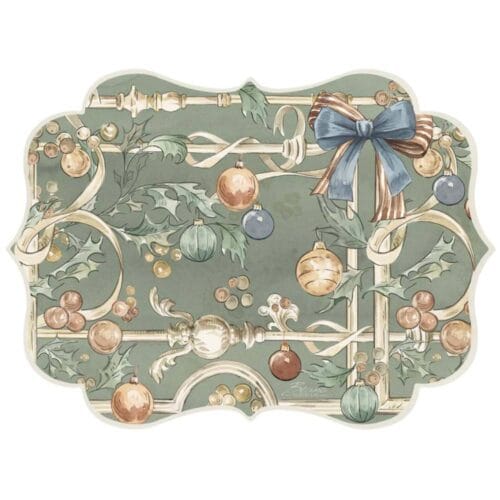 Tovaglietta in vinile sagomata con disegno natalizio in stile vintage: fiocco blu, palline colorate e rametti di agrifoglio su sfondo verde.