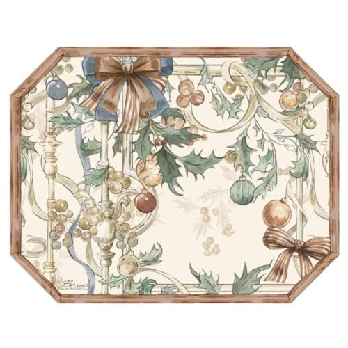 Tovaglietta in vinile ottagonale con sfondo crema, decoro natalizio vintage con fiocchi, palline e agrifogli. Finitura effetto legno.