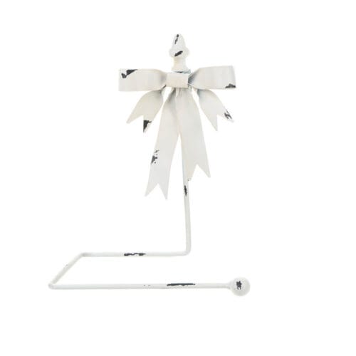 Portarotolo in metallo bianco con fiocco decorativo effetto shabby chic, ideale per bagno o cucina.