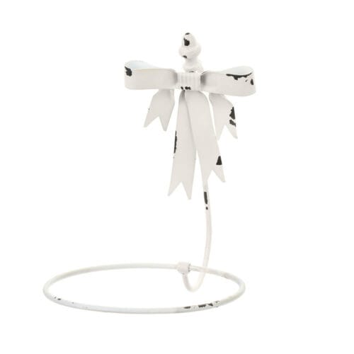 Porta asciugamani in metallo bianco con fiocco decorativo stile shabby, finitura anticata e struttura ad anello.