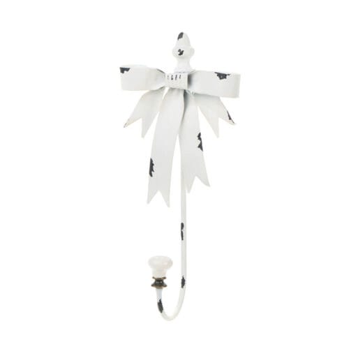 Appendino in metallo bianco con fiocco decorativo e gancio con pomello in ceramica, stile shabby chic.