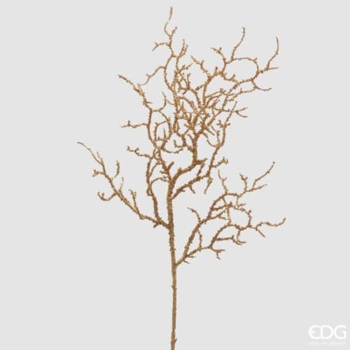 Ramo decorativo dorato effetto corallo con finitura perlata, ideale per decorazioni natalizie.