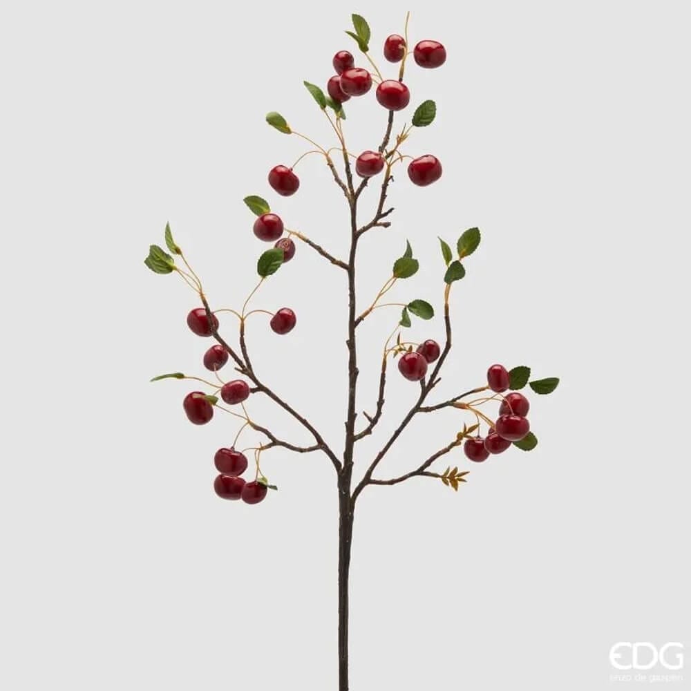 EDG Ramo Ciliegie Decorative con Foglie H 95 cm 1 Ramo decorativo con ciliegie rosso lucido e foglie verdi su rami bruniti, firmato EDG.