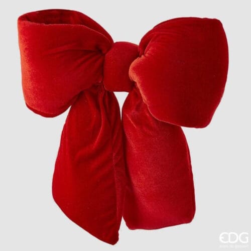 Fiocco decorativo EDG in velluto rosso, morbido e voluminoso, con finitura opaca e forma classica.