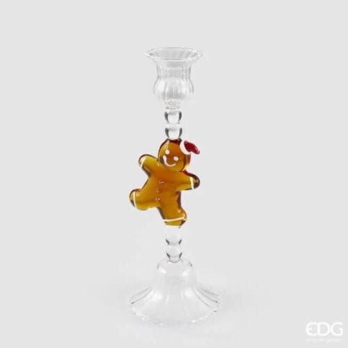 Candelabro EDG in vetro con decorazione natalizia a forma di omino di marzapane.