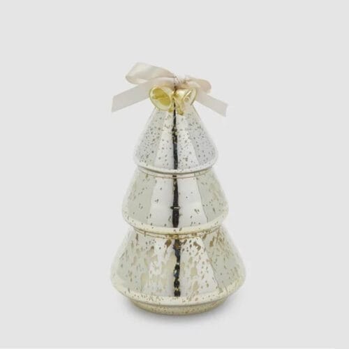 Candela decorativa a forma di albero in vetro oro con fiocco avorio e campanelle, divisa in tre sezioni staccabili.