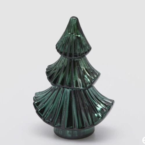 Candela a forma di albero natalizio in vetro verde metallizzato con scatola Nordic Forest.