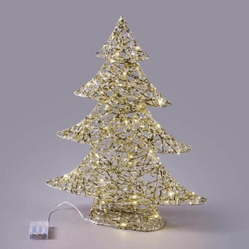 Albero decorativo natalizio in metallo dorato intrecciato con luci LED calde integrate e base stabile, ideale per interni.