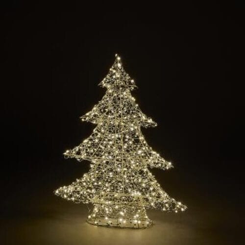 Albero natalizio dorato con struttura in metallo e luci LED effetto perla.