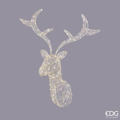 Renna decorativa da parete in metallo dorato con microled, luci calde e struttura a intreccio luminoso.