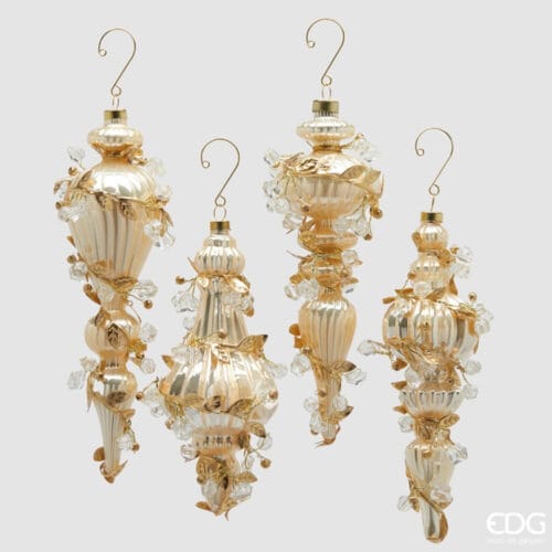 Addobbo natalizio a forma di fuso in vetro dorato decorato con foglie e cristalli, disponibile in 4 varianti barocche.