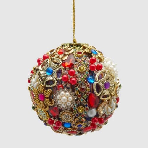 Sfera natalizia decorativa EDG con diametro 10 cm, ornata con gemme colorate, perle e motivi floreali dorati.