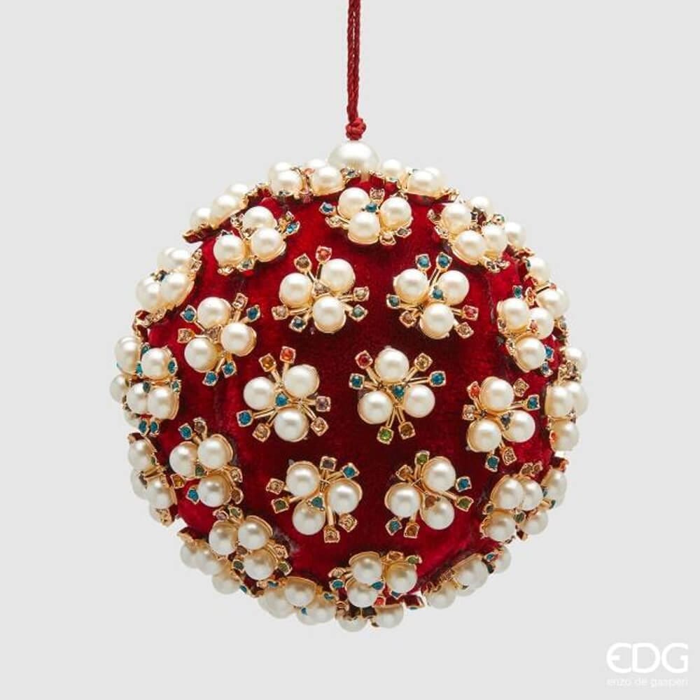 Boule de Noël EDG de 10 cm de diamètre, avec base en tissu rouge et décorations florales multicolores en perles et strass.