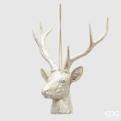 Decorazione natalizia EDG a forma di testa di renna con corna ramificate, in plastica effetto legno bianco e dorato, altezza 14 cm.
