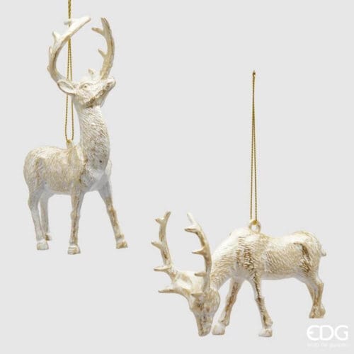 Decorazioni natalizie EDG: coppia di renne da appendere alte 14 cm, in plastica effetto legno bianco con sfumature dorate.