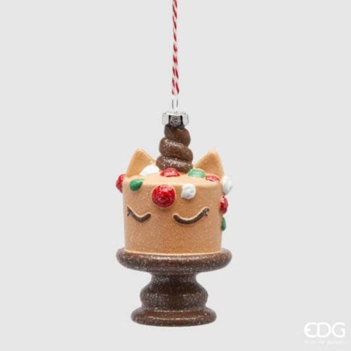 Addobbo natalizio EDG a forma di torta su piedistallo, con decorazioni zuccherose colorate e corno brillante. Altezza 12 cm.