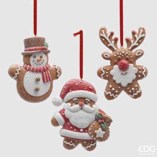 Addobbi natalizi EDG in forma di biscotti con Babbo Natale, renna e pupazzo di neve decorati con glitter bianchi e rossi.