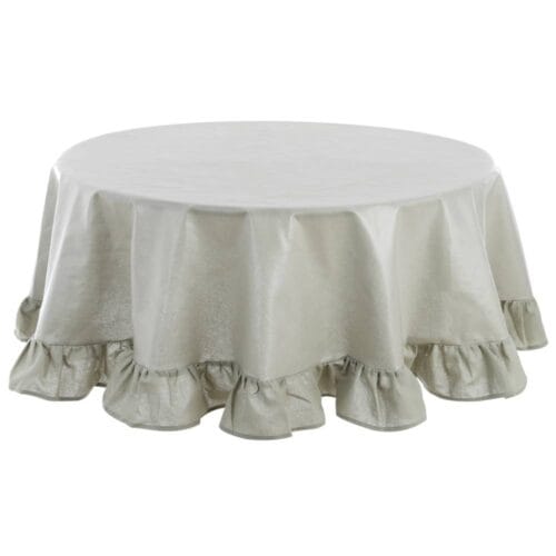 Tovaglia rotonda cerata verde con balza arricciata decorativa, stile romantico Blanc Mariclo.