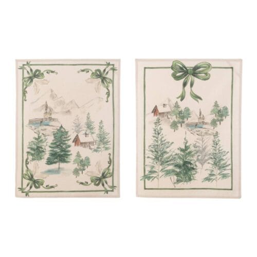 Set di due canovacci in cotone con illustrazioni montane in verde e panna, decorati con fiocchi.