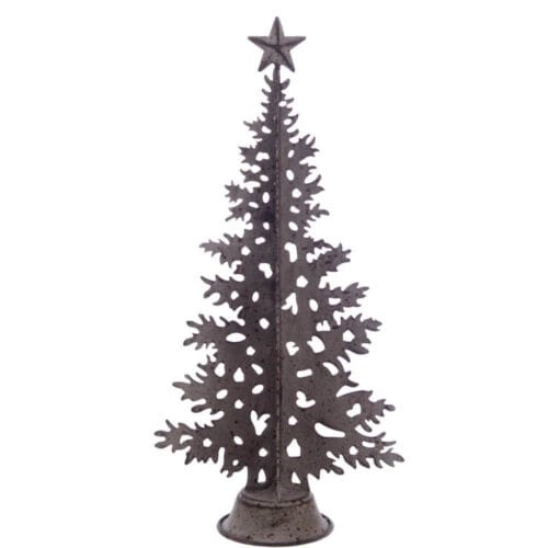 Albero di Natale decorativo in metallo brunito con finitura effetto ruggine e stella sulla punta.