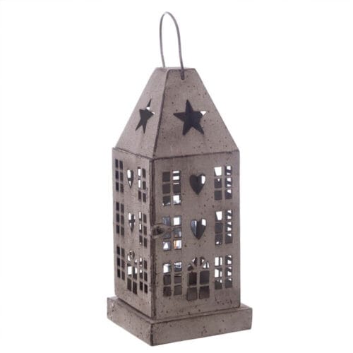 Lanterna decorativa in metallo con finestrature, cuori e stelle, dotata di luce LED interna.