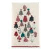 Canovaccio panna con ricami di alberi di Natale multicolore, decorato con paillettes, tessuti e bordo rosso ondulato.