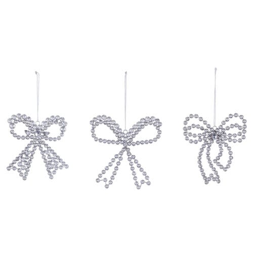 Decorazioni natalizie a forma di fiocco con struttura in metallo e cristalli trasparenti in plastica, in tre varianti assortite.