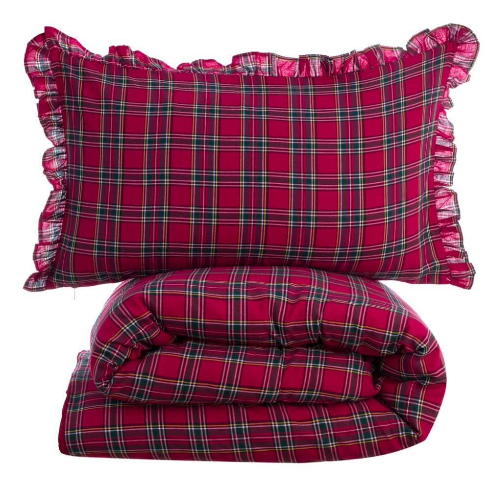 Parure De Lit 3 Pièces Tartan Rouge Réversible - Housse De Couette 160x200 Cm + 2 Taies, Microfibre Légère