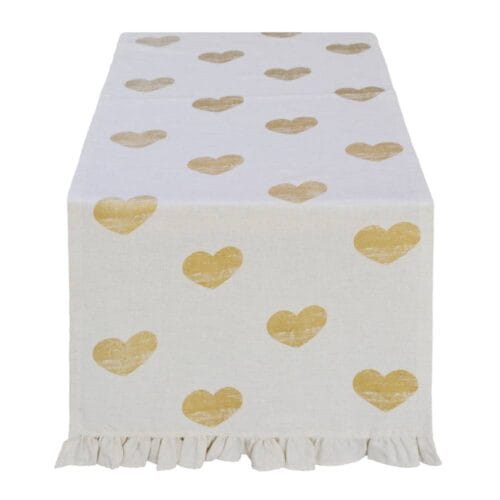 Runner da tavola Blanc MariClo in cotone ecrù con cuori dorati stampati e bordo con gala arricciato. Collezione Cuori Elite.