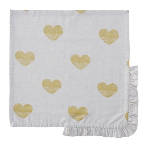 Tovagliolo Blanc MariClo in cotone bianco con cuori dorati stampati e bordo arricciato. Elegante e ideale per la tavola.