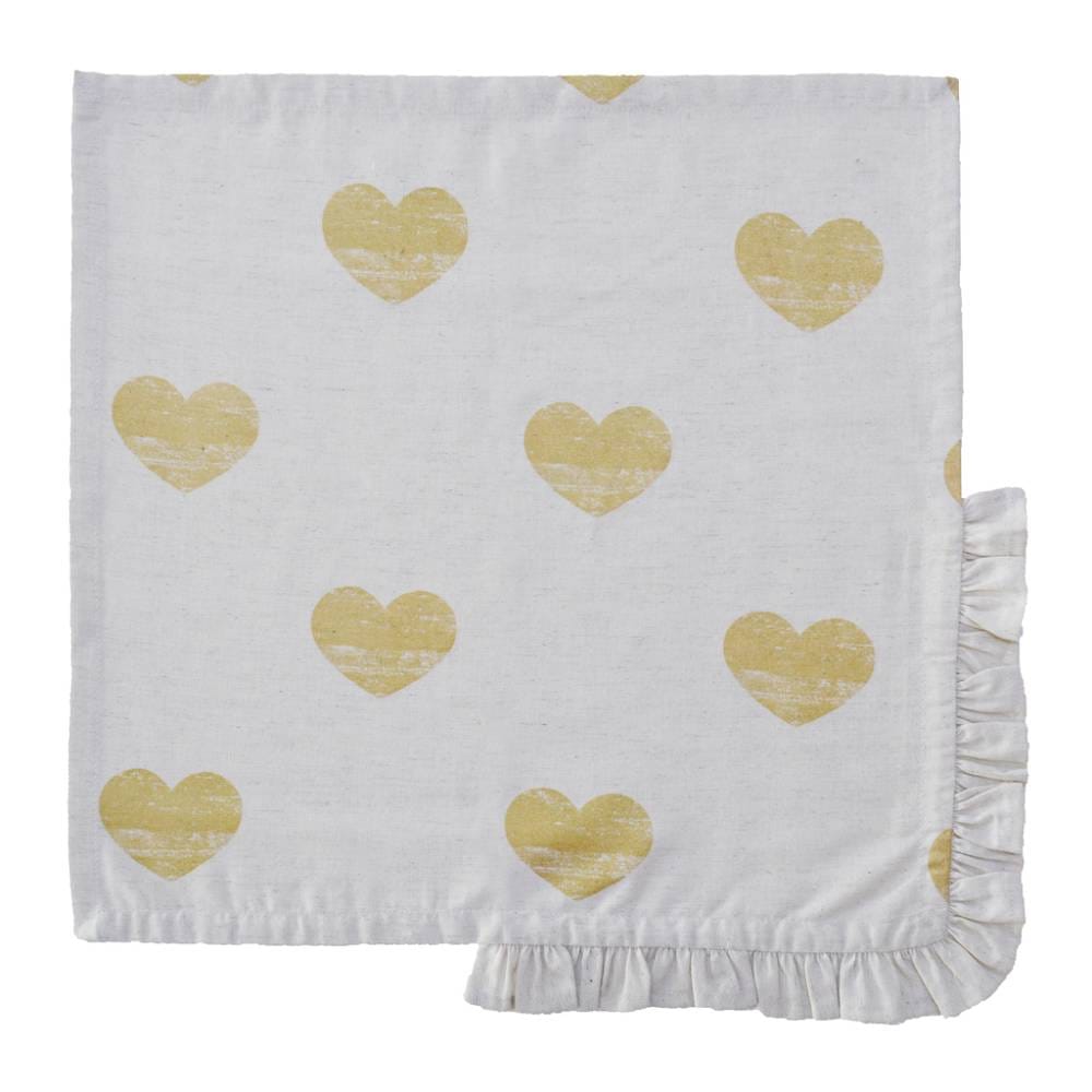 Blanc MariClo Golden Hearts 45x45 Serviette de table Elite Hearts 1 Tovagliolo Blanc MariClo in cotone bianco con cuori dorati stampati e bordo arricciato. Elegante e ideale per la tavola.
