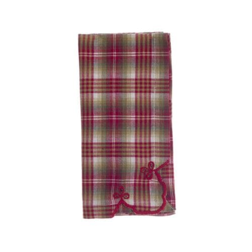 Tovagliolo in fantasia tartan rosso con bordo smerlato ricamato, perfetto per decorazioni festive e rustiche.