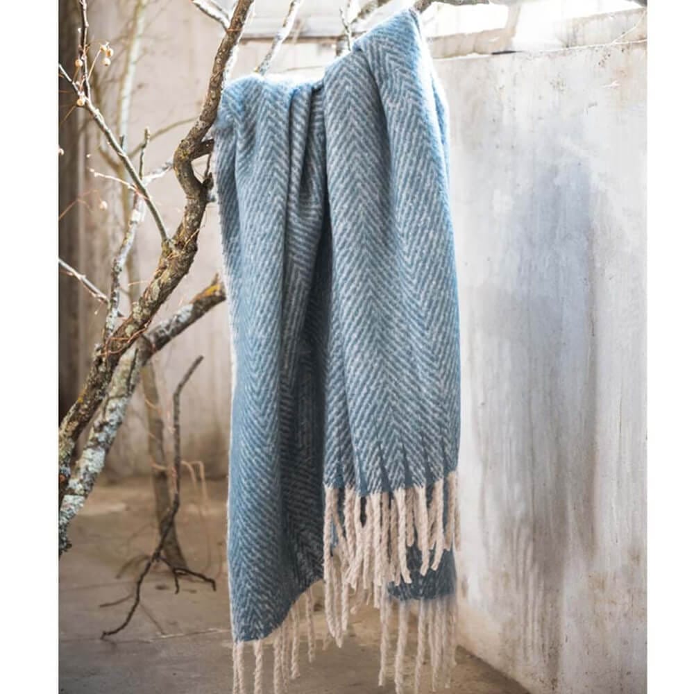 Coperta Americanflat In Cotone Con Frange Zaina: 130x150 Cm, Design A Spina Di Pesce Verde Acqua E Bianca, Leggera E Portatile