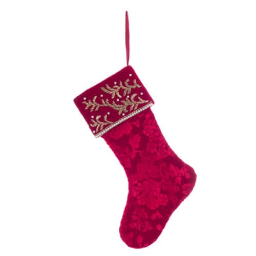 Calza di Natale in velluto rosso con motivo floreale in rilievo e risvolto ricamato oro con perle, collezione Epifania.
