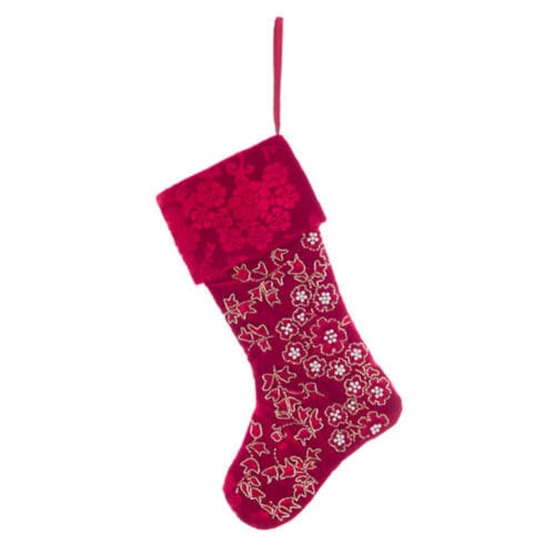 Calza di Natale in velluto rosso con decoro floreale dorato e risvolto tono su tono della collezione Epifania.