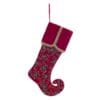 Calza di Natale rossa con punta ricurva, ricami dorati e foglie glitterate verdi, con risvolto trapuntato e profilo in passamaneria oro.