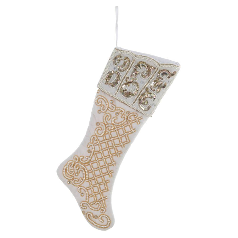 Calza di Natale bianca in tessuto con ricami dorati e dettagli in paillettes, stile elegante e raffinato.