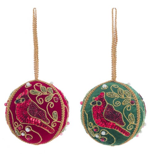 Sfera natalizia in velluto rosso e verde con ricamo di uccellino rosso e decori dorati, stile classico Cantus Natalis.